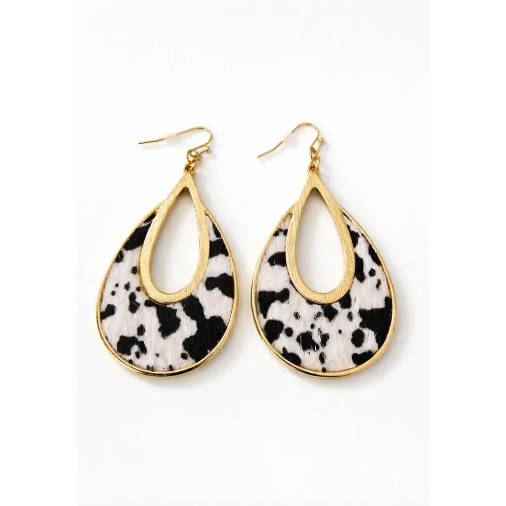 Gold Cow Faux Fur Patten Oval Earrings New